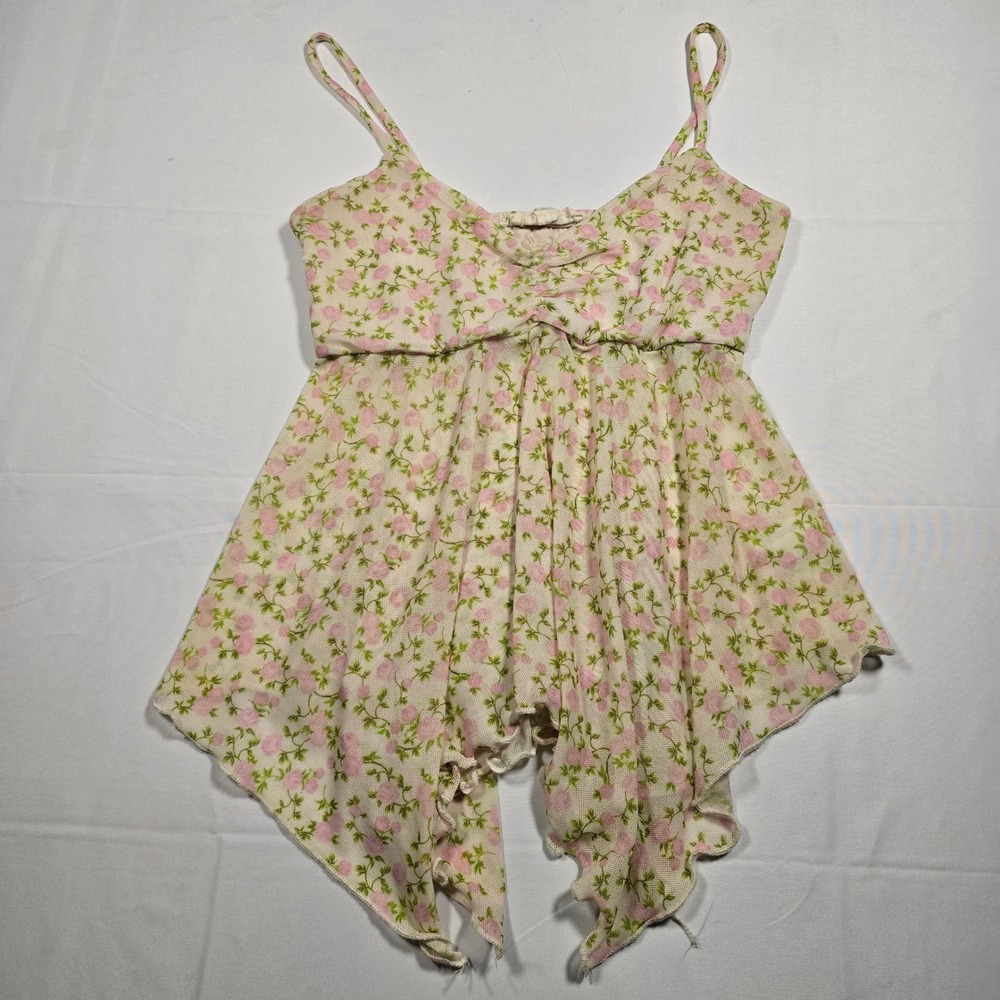Fairycore See You Monday XS Floral Mesh Handkerchief‎ Hem Cami Top Pink Green